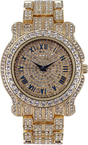 ساعة Bling-ed Out دائرية فاخرة للرجال مع سوار Bling-ed Out الكوبي وخاتم Iced King - L0504 BR مجموعة من 3 قطع in Kuwait