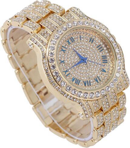 ساعة Bling-ed Out دائرية فاخرة للرجال مع سوار Bling-ed Out الكوبي وخاتم Iced King - L0504 BR مجموعة من 3 قطع in Kuwait