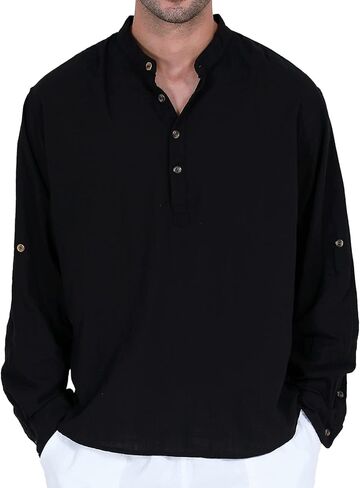 قميص رجالي من القطن والكتان هينلي بأكمام طويلة in Kuwait