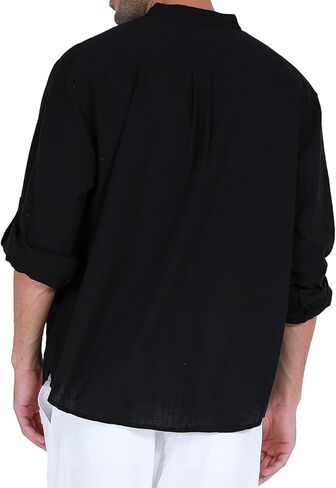 قميص رجالي من القطن والكتان هينلي بأكمام طويلة in Kuwait