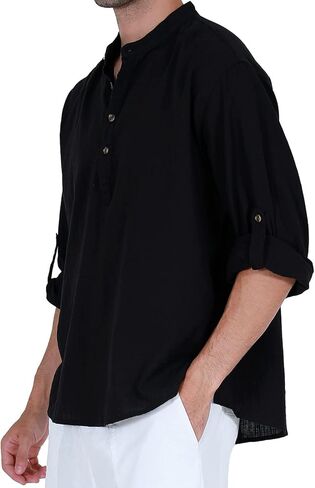 قميص رجالي من القطن والكتان هينلي بأكمام طويلة in Kuwait