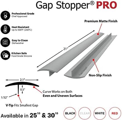 Gap Stopper® Pro - 30 بوصة أبيض، درجة احترافية، سيليكون ثقيل بوزن 12.0 أونصة من إدارة الغذاء والدواء الأمريكية، مجموعة من قطعتين، يغطي الفجوة بين الموقد وأسطح العمل in Kuwait