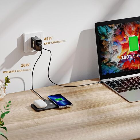 شاحن لاسلكي مزدوج مع 5 ملفات شحن، ومحول شاحن حائط GaN بقدرة 65 وات، متوافق مع iPhone وAirPods Pro in Saudi Arabia