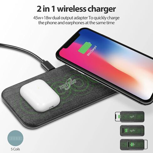 شاحن لاسلكي مزدوج مع 5 ملفات شحن، ومحول شاحن حائط GaN بقدرة 65 وات، متوافق مع iPhone وAirPods Pro in Saudi Arabia