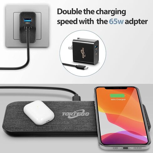 شاحن لاسلكي مزدوج مع 5 ملفات شحن، ومحول شاحن حائط GaN بقدرة 65 وات، متوافق مع iPhone وAirPods Pro in Saudi Arabia
