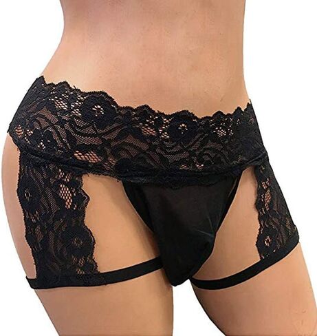 Pants Thong Pouch Bikini Hollow Briefs Underwear Mens Sissy Lace Out Enhance Rhinestone Lingerie Set for (Black, L) in Saudi Arabia