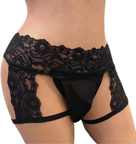 Pants Thong Pouch Bikini Hollow Briefs Underwear Mens Sissy Lace Out Enhance Rhinestone Lingerie Set for (Black, L) in Saudi Arabia