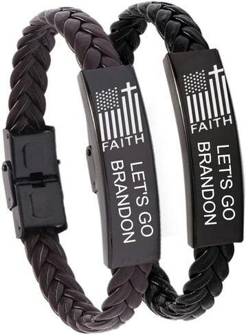 ZKXXJ Let's Go Brandon Bracelet Gift for Men Women,American Flag Faith Wristband Stainless Steel Braided Leather Patriotic FJB Funny Political Brandon Jewelry in Kuwait