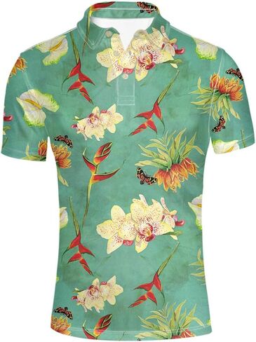 HUGS IDEA Men's Regular-Fit Quick-Dry Golf Polo Shirt Art Floral Pattern Short Sleeve in Saudi Arabia