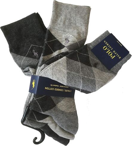 Polo Ralph Lauren Men's 3-Pack Polo Classic Argyle Dress Socks, Grey, 10-13 in Saudi Arabia