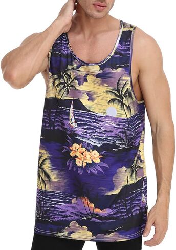 الرجال الأزهار الصيف تانك القمم هاواي بلايز عادية فضفاضة تناسب الجدة بلا أكمام تي شيرت in Kuwait