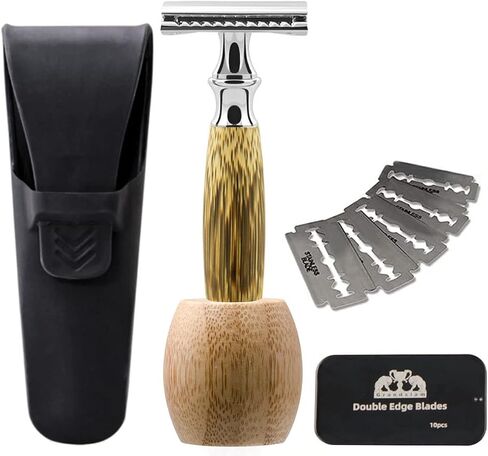Grandslam Double Edge Safety Razor + 10 Blades Safety Razor with Handmade Long Natural Bamboo Handle Eco Friendly Safety Razors for Women/Men Ladies Shaver in Saudi Arabia