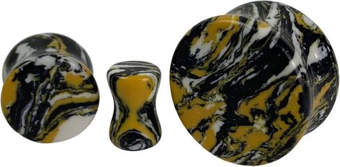 Pair of Synthetic Yellow/Black/White Turquoise Double Flare Stone Plugs (STN-745) in Saudi Arabia