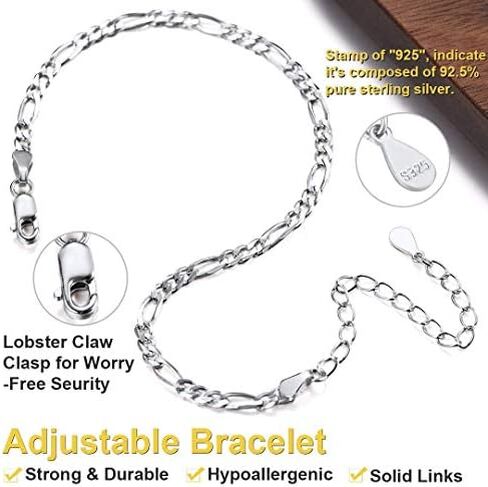 Solid 925 Sterling Silver Italian 5mm Figaro Link Chain Bracelet for Men Women - Made in Italy in Saudi Arabia