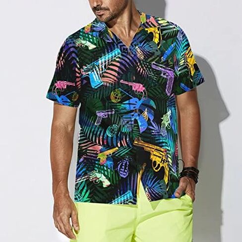 HYPERFAVOR Gun Hawaiian Shirt - Tropical Gun Lover Pattern - Casual Short Sleeve Tropical Gun Shirt for Men in Kuwait