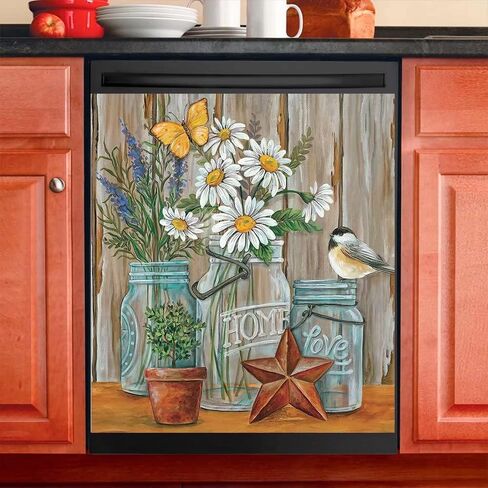 Kitchen Decor Colorful Flower Bird Magnetic Dishwasher Decal, Fridge Door Cover Vinyl Appliance Sticker, (Magnetic, 23" W x 26" H inches) in Kuwait