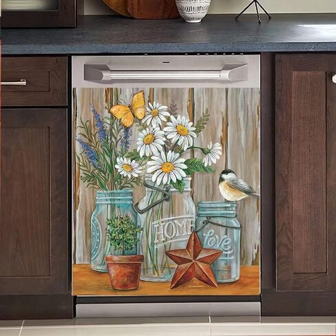 Kitchen Decor Colorful Flower Bird Magnetic Dishwasher Decal, Fridge Door Cover Vinyl Appliance Sticker, (Magnetic, 23" W x 26" H inches) in Kuwait
