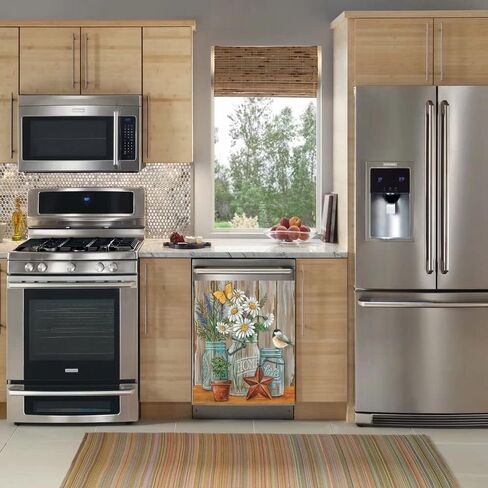 Kitchen Decor Colorful Flower Bird Magnetic Dishwasher Decal, Fridge Door Cover Vinyl Appliance Sticker, (Magnetic, 23" W x 26" H inches) in Kuwait