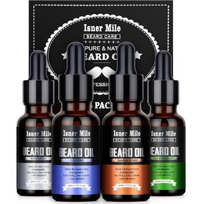 ISNER MILE 5 Pack Beard Oil Set Leave in Conditioner Cedarwood Sandalwood Sage Sweet Orange for Men Mustaches Soften Moisturizing Strength Stocking Stuffers Gifts for Him Man Dad Father Boyfriend