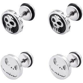 2 Pairs Set Halloween Stud Stainless Steel Jack Skellington Cut-Out Round Circle Button Stud Piercing Jewelry with Jack Skellington Face Post Earrings Add Horror Halloween Atmosphere for Men Unisex