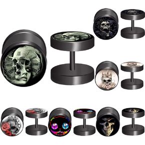 FLYUN 6Pairs Skull Mens Earrings Fake Gauge Earrings Fake Plugs Earring for Men Men’s Black Studs Earrings with Screw Flat Backs Surgical Steel
