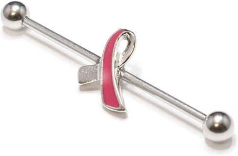 BodyJewelryOnline Industrial Piercing Barbell with Pink Breast Cancer Awareness Ribbon - 316L Surgical Steel in Saudi Arabia