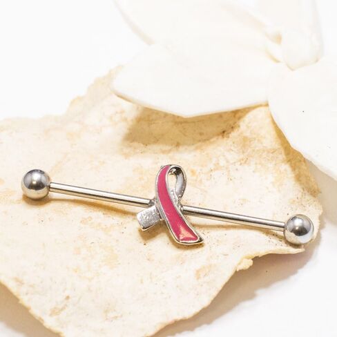 BodyJewelryOnline Industrial Piercing Barbell with Pink Breast Cancer Awareness Ribbon - 316L Surgical Steel in Saudi Arabia