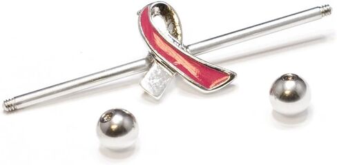 BodyJewelryOnline Industrial Piercing Barbell with Pink Breast Cancer Awareness Ribbon - 316L Surgical Steel in Saudi Arabia