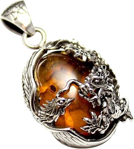 COSUMOSU Men's Sterling Silver Brown Orange Amber Dragon Japanese pattern pendant in Saudi Arabia