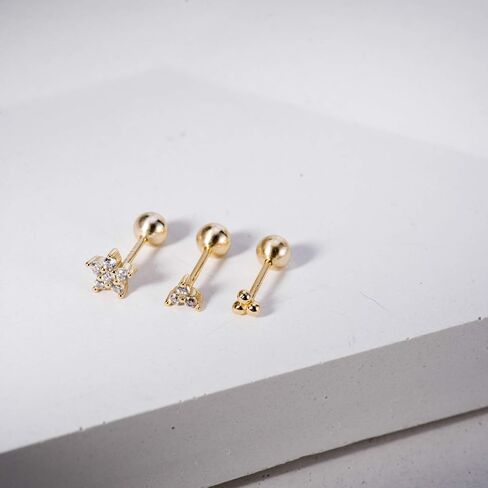 Set of 3 Single Studs in Sterling silver 925 Sterling Silver 18K Gold Plated Small Stud Earrings Set | Screw Back Studs | Tiny Cartilage Earring | Second Hole Earring in Kuwait