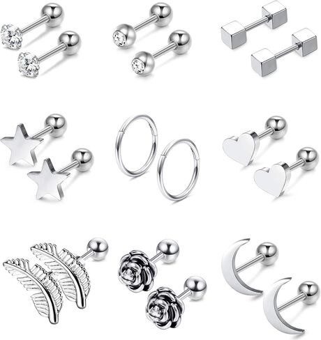 Jstyle 9Pairs 316L Surgical Steel Ear Cartilage Stud Earrings for Men Women CZ Barbell Helix Tragus Stud Piercings Jewelry in Kuwait