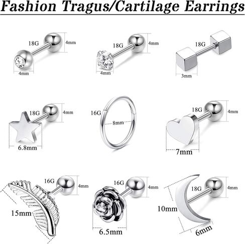 Jstyle 9Pairs 316L Surgical Steel Ear Cartilage Stud Earrings for Men Women CZ Barbell Helix Tragus Stud Piercings Jewelry in Kuwait