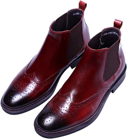 Men's Leather Brogue Wing Tip Chelsea Dress Ankle Boots Black Red in Kuwait