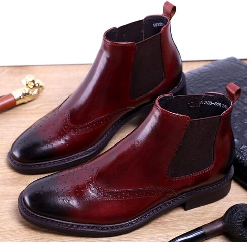 Men's Leather Brogue Wing Tip Chelsea Dress Ankle Boots Black Red in Kuwait