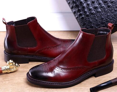 Men's Leather Brogue Wing Tip Chelsea Dress Ankle Boots Black Red in Kuwait