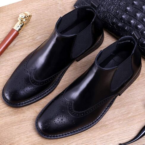 Men's Leather Brogue Wing Tip Chelsea Dress Ankle Boots Black Red in Saudi Arabia