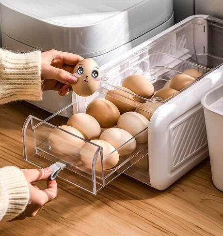 ZENFUN 2 Tier 36 Grids Drawer Type Egg Holder with Handles, Clear Plastic Stackable Egg Tray Refrigerator Egg Fresh Storage Container, Egg Carrier Box for Fridge, Kitchen, White in Saudi Arabia