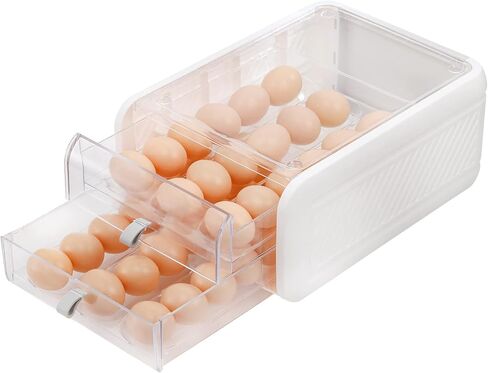ZENFUN 2 Tier 36 Grids Drawer Type Egg Holder with Handles, Clear Plastic Stackable Egg Tray Refrigerator Egg Fresh Storage Container, Egg Carrier Box for Fridge, Kitchen, White in Saudi Arabia