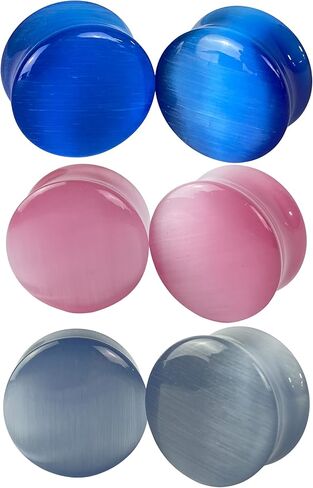 Set of 3 Pairs Cat Eye Stone Convex Double Flare Plugs (Blue, Grey, Pink)(BP-038) in Kuwait