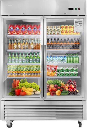 JINSONG 54" Commercial Display Refrigerator with 2 Glass Door, 2 Section Stainless Steel Reach-in Beverage Display Refrigerator with LED Lighting & 8 shelves for Restaurant, Bar, Shop, 49 Cu.ft in Saudi Arabia