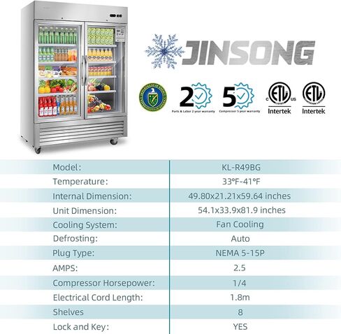 JINSONG 54" Commercial Display Refrigerator with 2 Glass Door, 2 Section Stainless Steel Reach-in Beverage Display Refrigerator with LED Lighting & 8 shelves for Restaurant, Bar, Shop, 49 Cu.ft in Saudi Arabia