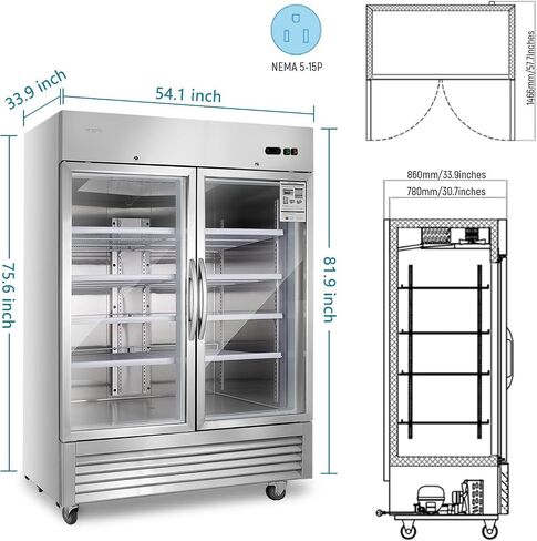 JINSONG 54" Commercial Display Refrigerator with 2 Glass Door, 2 Section Stainless Steel Reach-in Beverage Display Refrigerator with LED Lighting & 8 shelves for Restaurant, Bar, Shop, 49 Cu.ft in Saudi Arabia