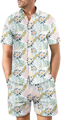 طقم قمصان هاواي للرجال مطبوع عليه زهور مكون من قطعتين بدلة رياضية للشاطئ in Kuwait
