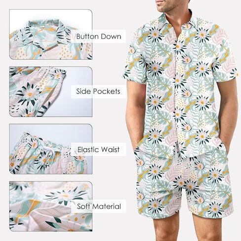 طقم قمصان هاواي للرجال مطبوع عليه زهور مكون من قطعتين بدلة رياضية للشاطئ in Kuwait