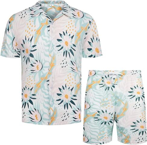 طقم قمصان هاواي للرجال مطبوع عليه زهور مكون من قطعتين بدلة رياضية للشاطئ in Kuwait