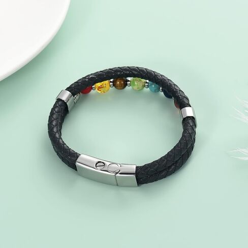Oinsi Cremation Jewelry with Bead Black Genuine Braided Leather Urn Bangle Bracelets for Ashes for Women Men Keepsake Memorial Bangles- Stainless Steel Clasp -Length 20-22-24 cm in Kuwait