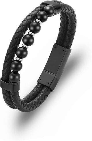 Oinsi Cremation Jewelry with Bead Black Genuine Braided Leather Urn Bangle Bracelets for Ashes for Women Men Keepsake Memorial Bangles- Stainless Steel Clasp -Length 20-22-24 cm in Kuwait