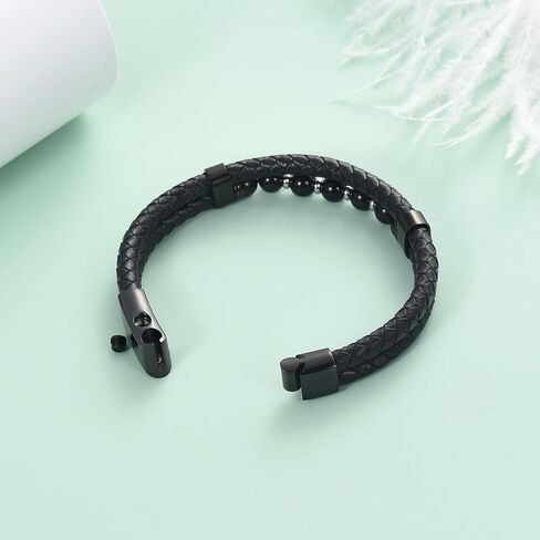 Oinsi Cremation Jewelry with Bead Black Genuine Braided Leather Urn Bangle Bracelets for Ashes for Women Men Keepsake Memorial Bangles- Stainless Steel Clasp -Length 20-22-24 cm in Kuwait