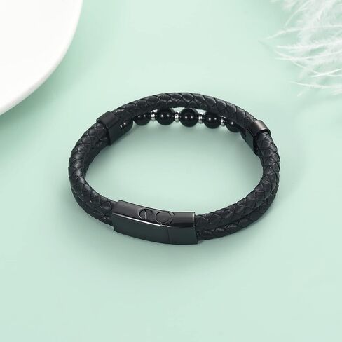 Oinsi Cremation Jewelry with Bead Black Genuine Braided Leather Urn Bangle Bracelets for Ashes for Women Men Keepsake Memorial Bangles- Stainless Steel Clasp -Length 20-22-24 cm in Kuwait