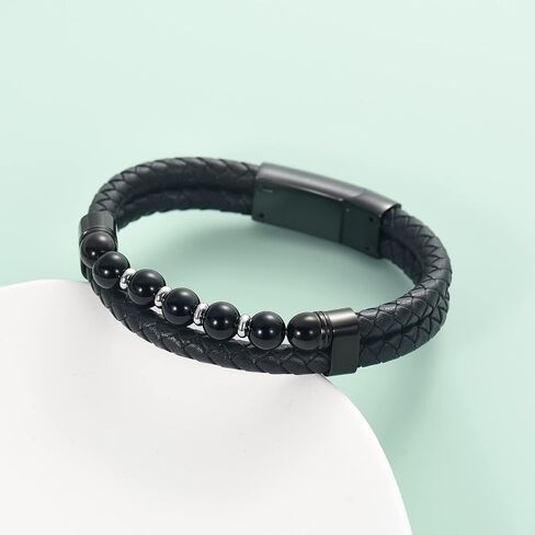 Oinsi Cremation Jewelry with Bead Black Genuine Braided Leather Urn Bangle Bracelets for Ashes for Women Men Keepsake Memorial Bangles- Stainless Steel Clasp -Length 20-22-24 cm in Kuwait